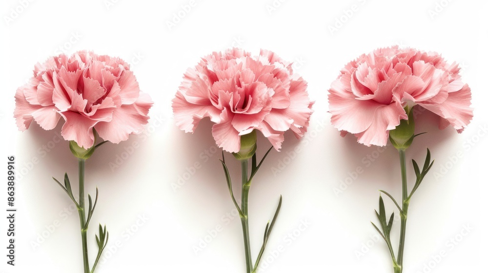 Three pink carnations arranged in a row, isolated on white background. Three pink carnations arranged in a row, isolated on white background.