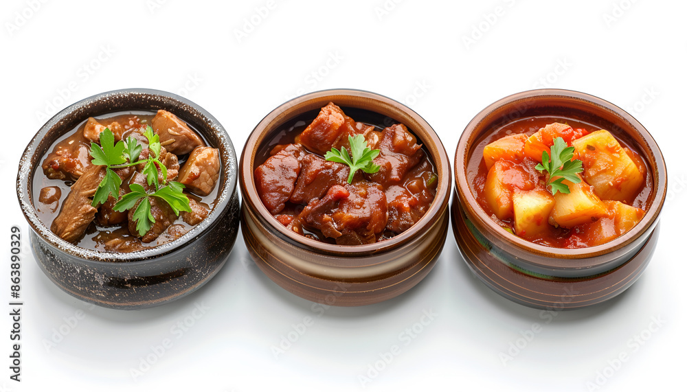 Tasty goulash. Set with cooked meat isolated on white Tasty goulash. Set with cooked meat isolated on white