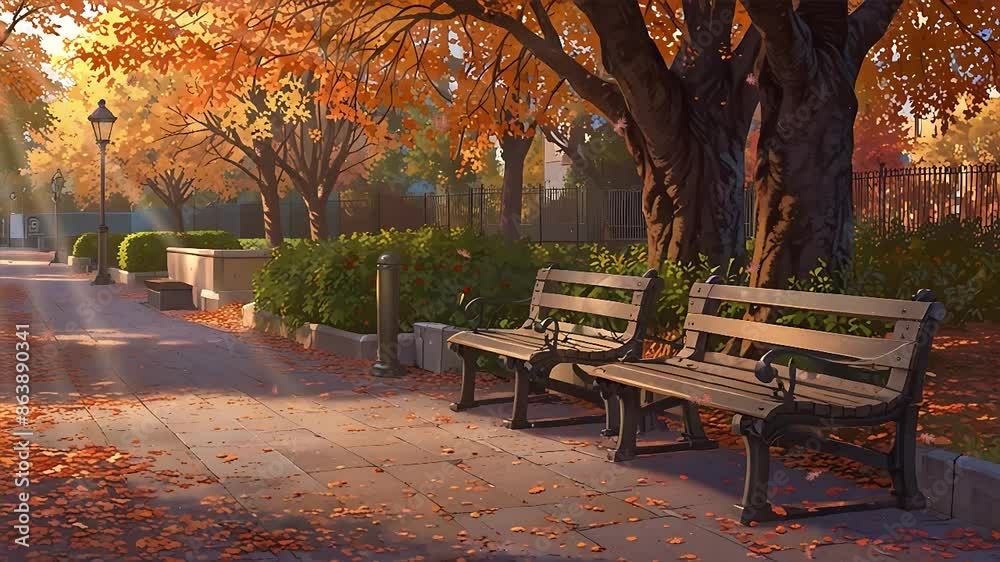 Twilight in a serene park with a weathered wooden bench as the main focus. 4K Video features a chain-link fence and autumnal trees in the background, with warm street lamps illuminating a paved path.
