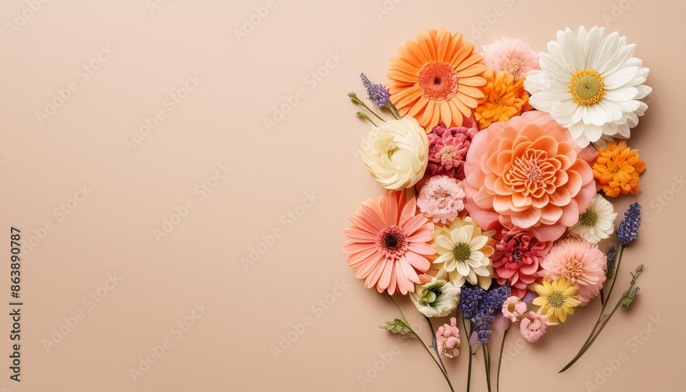 Creative layout made of various flowers. Flat lay delicate colors bouquet , generated by AI. High quality photo Creative layout made of various flowers. Flat lay delicate colors bouquet , generated by AI. High quality photo