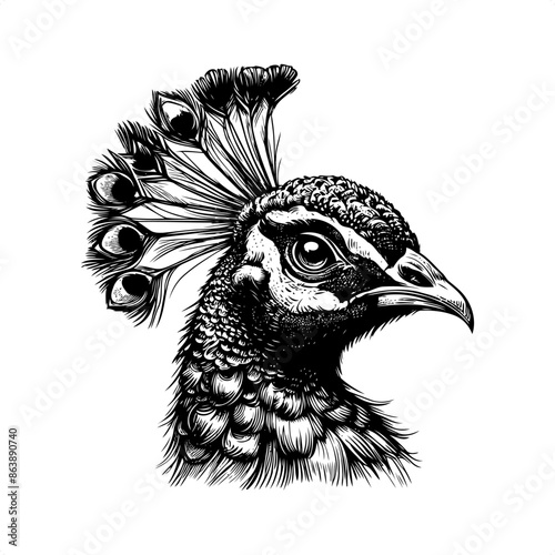 Peacock in black and white animal illustration