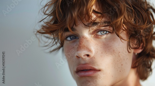 Closeup portrait of a young man with blue eyes and freckles.