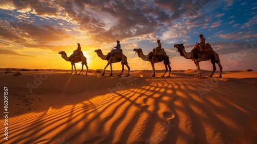 Photograph of an Indian camel (camel driver), a Bedouin with a camel silhouette in the sand dunes of the Thar desert at sunset. Caravan in Rajasthan travel adventure safari background 