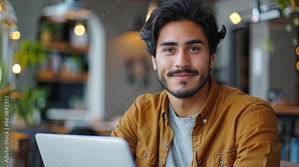 Stylish Hispanic businessman in a modern office, focusing on laptop work including data analysis and creative design, smiling at the camera Stylish Hispanic businessman in a modern office, focusing on laptop work including data analysis and creative design, smiling at the camera