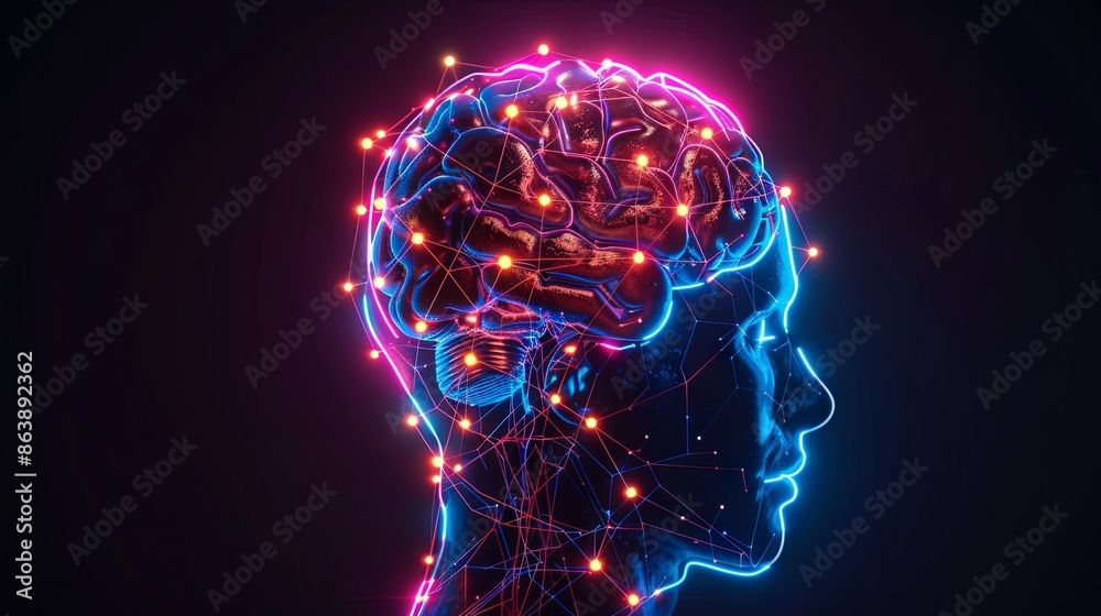 Obraz premium Neon serotonin molecule structure overlaid on a human head against a black background