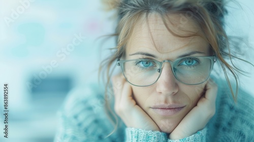 woman with glasses and a sweatshirt, hand on cheeks, looking straight ahead, closeup portrait, copy space, contemplative and thoughtful expression