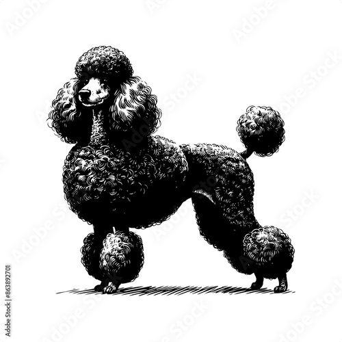 Poodle in black and white animal illustration