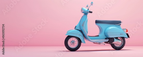 A sleek blue scooter is showcased against a minimalist pink background. The image highlights the modern design and vibrant color contrast, perfect for themes related to transportation. photo
