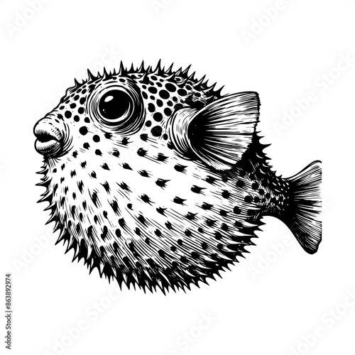Pufferfish in black and white animal illustration