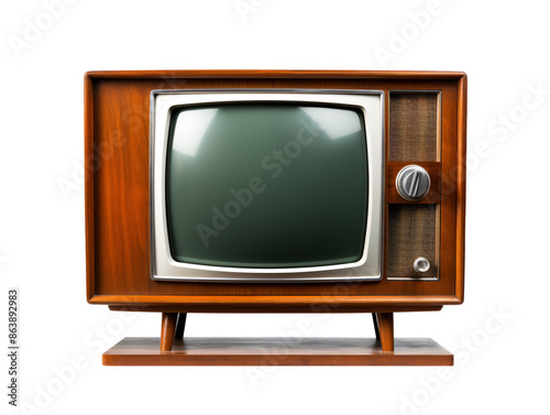 a wooden box television with a grey screen