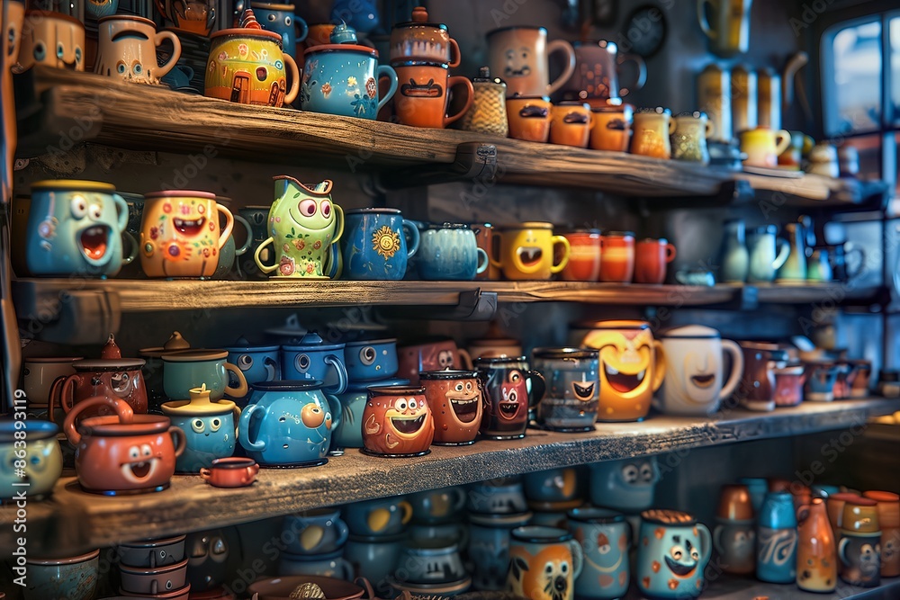 Colorful Emoji Mugs on a Shelf Inside a Cozy Home Colorful Emoji Mugs on a Shelf Inside a Cozy Home