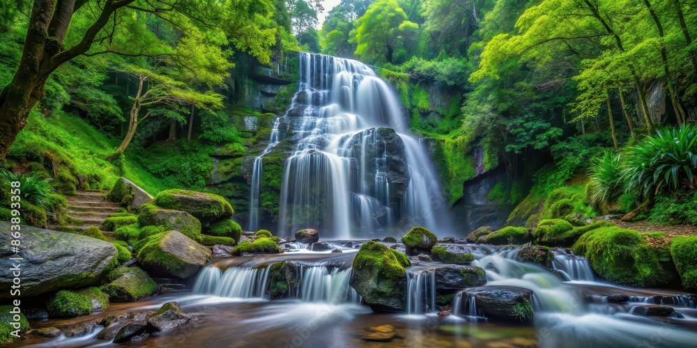 A stunning waterfall cascading down rocks in a vibrant green forest setting, waterfall, lush, green, forest, nature, landscape A stunning waterfall cascading down rocks in a vibrant green forest setting, waterfall, lush, green, forest, nature, landscape