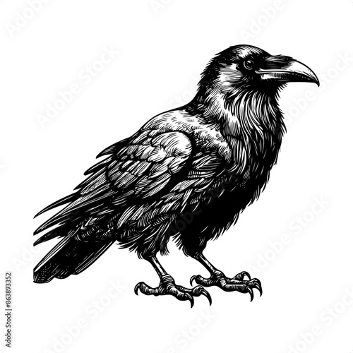 raven, crow in black and white animal illustration photo