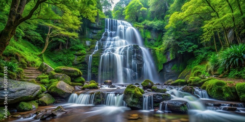 Fototapeta Naklejka Na Ścianę i Meble -  A stunning waterfall cascading down rocks in a vibrant green forest setting, waterfall, lush, green, forest, nature, landscape