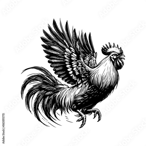 chicken, rooster in black and white animal illustration