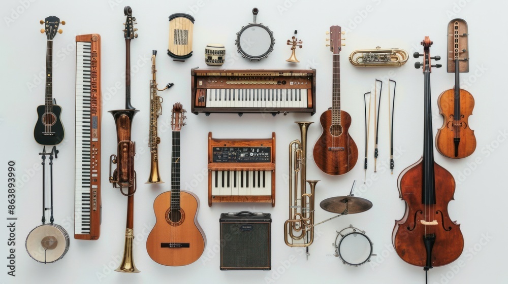 Naklejka premium photograph of Various musical instruments arranged in a frame on a white background. -