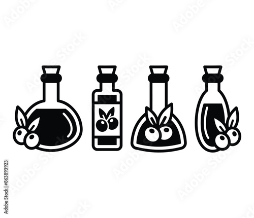 olive oil jug bottle glass with leaves branch icons symbol vector design black white color illustration 