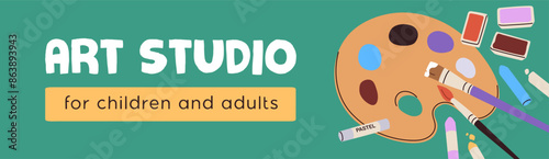 Art studio banner. Creative workshop, drawing school, advertising web background. Artist class, promotion header design, template. Horizontal panoramic ad, advertisement. Flat vector illustration