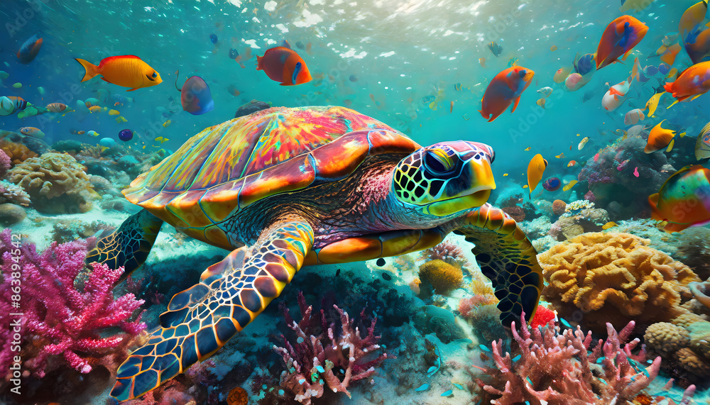 close up, of, a, schildkröte, tier, unter, wasser, neu, modern, reef, ocean, bunt, bunte, türkis, vibrant, farben, farbe, modern, wasser, copy space, design, tropisch, korallen, tauchend, schwimmend, 