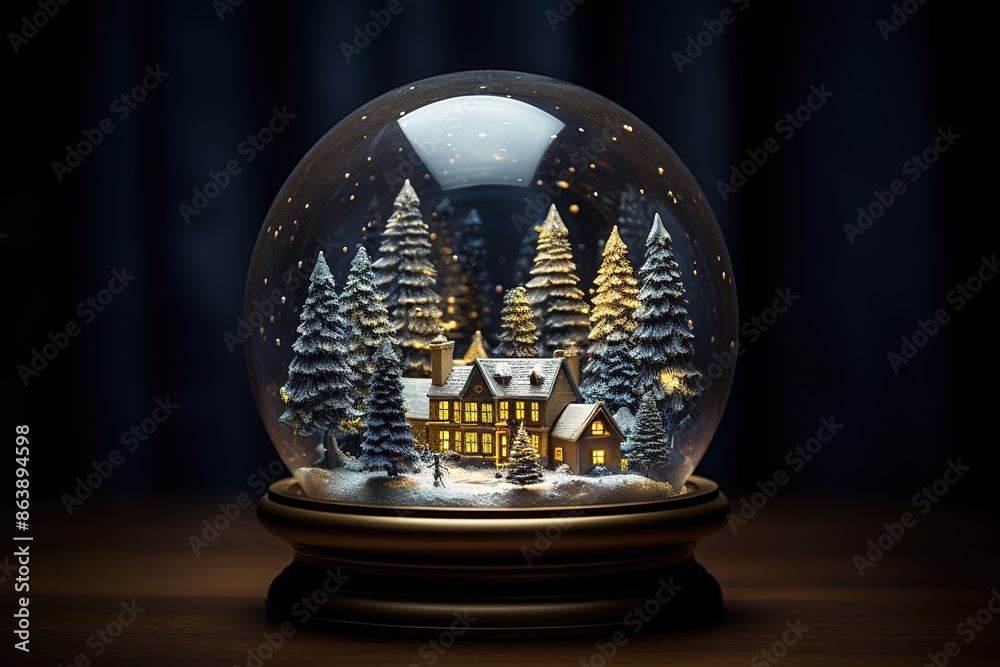 A hyper-realistic shot of a Christmas tree inside a snow globe
