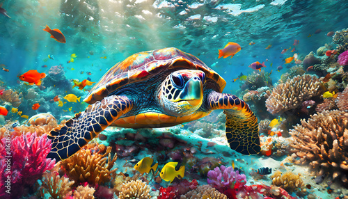 close up, of, a, schildkröte, tier, unter, wasser, neu, modern, reef, ocean, bunt, bunte, türkis, vibrant, farben, farbe, modern, wasser, copy space, design, tropisch, korallen, tauchend, schwimmend,  photo