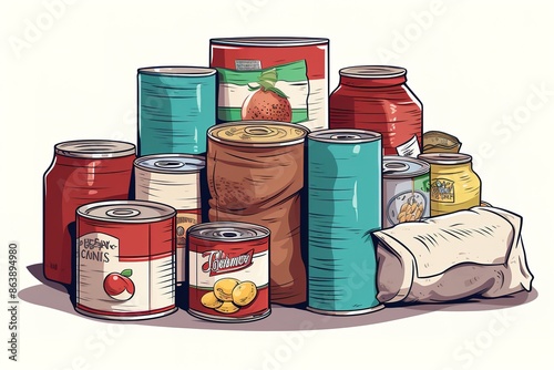Vector illustration of various food pantry staples in jars and cans isolated on white background