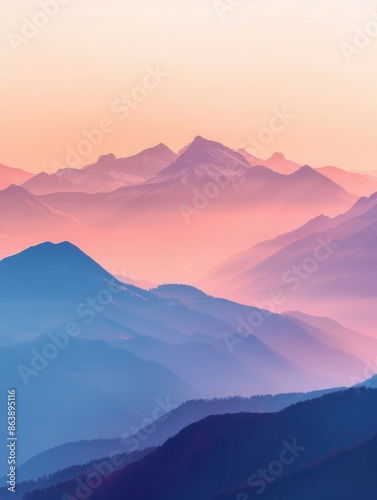 At dawn, the sun lights up the peaks of a mountain range, creating a tranquil scene with pastel skies. Generative AI © Анатолий Савицкий