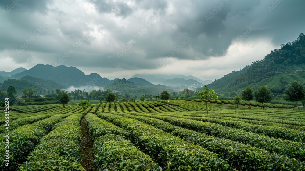 Landscape photography of Vietnamese people working in the tea plantation at Long Coc Mountain. Green tea plantation in Vietnam Landscape photography of Vietnamese people working in the tea plantation at Long Coc Mountain. Green tea plantation in Vietnam