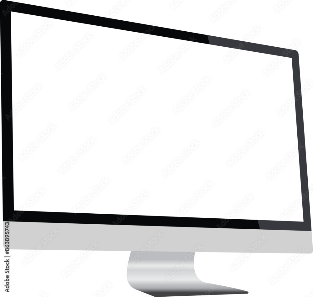 Realistic illustration of black computer LCD monitor with silver stand and blank transparent isolated screen. TV mock up