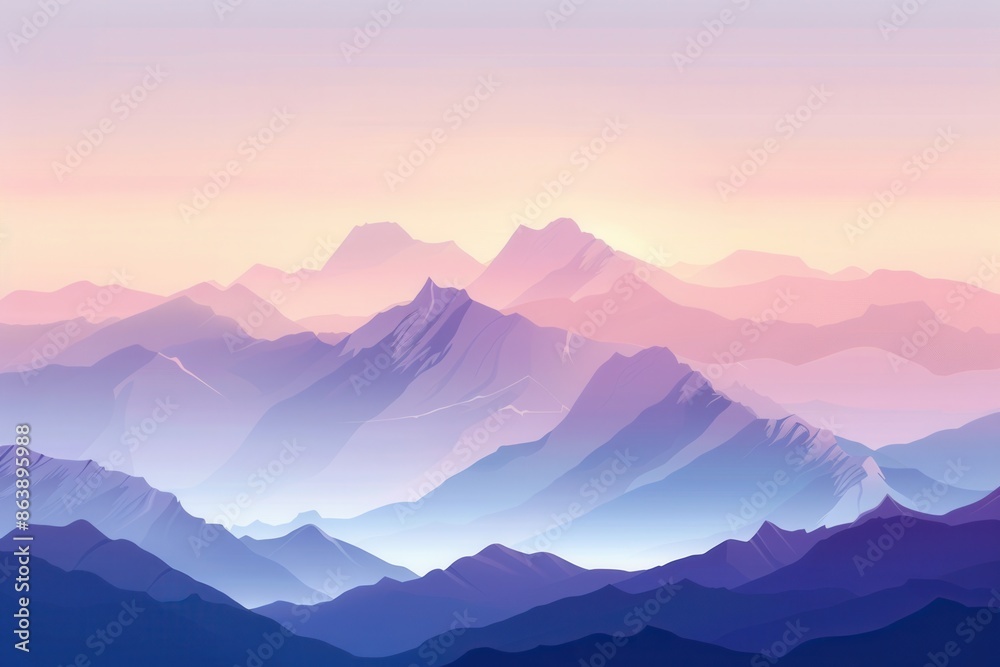 Fototapeta premium A breathtaking view of majestic mountain peaks bathed in the soft, golden light of dawn. The sky is painted in pastel hues, creating a serene and inspiring landscape. Generative AI
