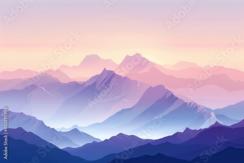A breathtaking view of majestic mountain peaks bathed in the soft, golden light of dawn. The sky is painted in pastel hues, creating a serene and inspiring landscape. Generative AI