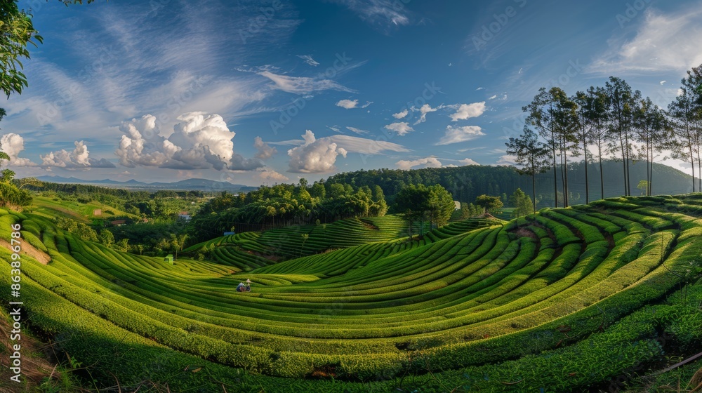 Landscape photography of Vietnamese people working in the tea plantation at Long Coc Mountain. Green tea plantation in Vietnam Landscape photography of Vietnamese people working in the tea plantation at Long Coc Mountain. Green tea plantation in Vietnam