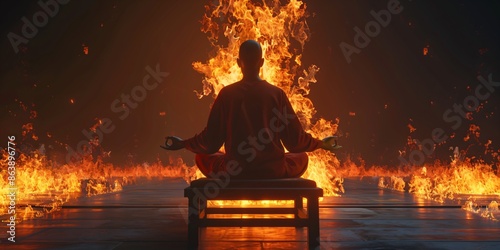 a meditating monk surrounded by flames photo