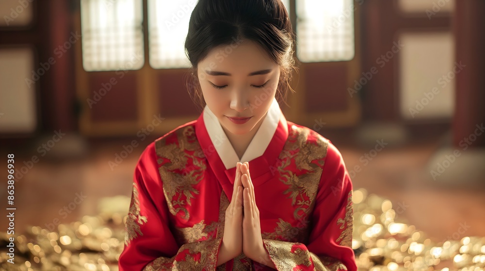 A beautiful Korean woman in a traditional Korean hanbok is standing in the middle and praying with her hands together A beautiful Korean woman in a traditional Korean hanbok is standing in the middle and praying with her hands together