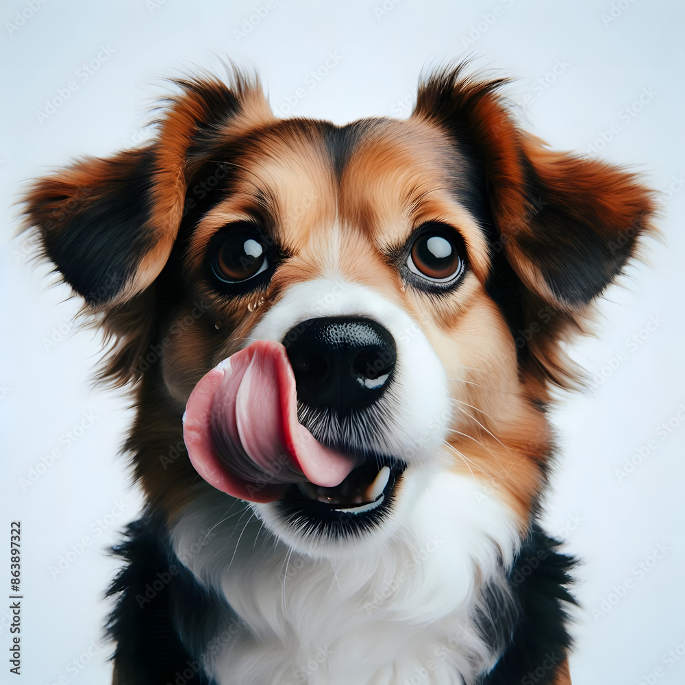 The dog is licking its lips because it is hungry. white background The dog is licking its lips because it is hungry. white background
