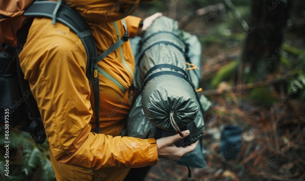 close-up of a hiker unzipping their backpack, revealing neatly folded camping gear and rain pants inside, set against a dense forest with moss-covered trees close-up of a hiker unzipping their backpack, revealing neatly folded camping gear and rain pants inside, set against a dense forest with moss-covered trees