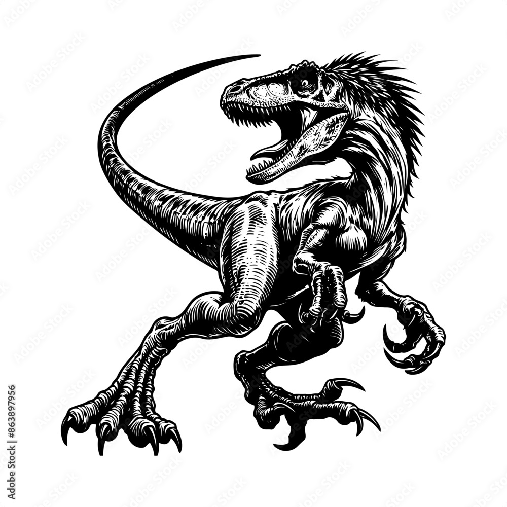 Naklejka premium Velociraptor in black and white animal illustration