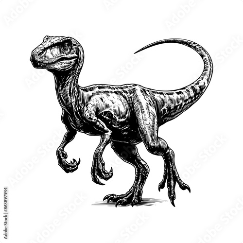 Velociraptor in black and white animal illustration