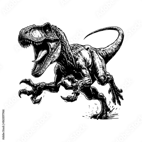 Velociraptor in black and white animal illustration