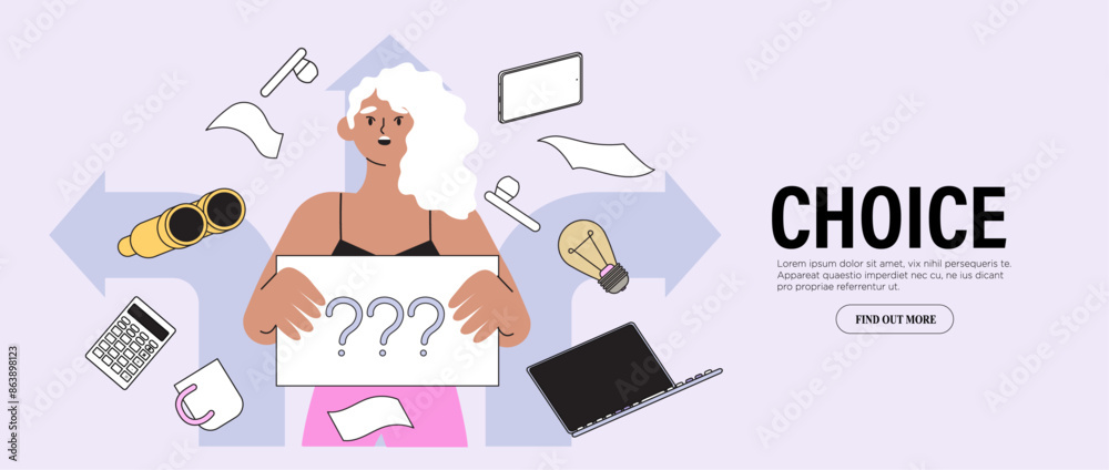 Confused woman student at crossroad sign hold question mark think which way to go vector illustration. Decision making, career or educational path, work direction. Choose right way to success concept. Confused woman student at crossroad sign hold question mark think which way to go vector illustration. Decision making, career or educational path, work direction. Choose right way to success concept.