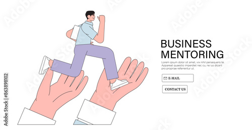 Business support mentorship employee assistance to success, helping hand or encouragement for teammate in achieving goal, businessman jump up giant hands growth ladder to progress vector illustration.