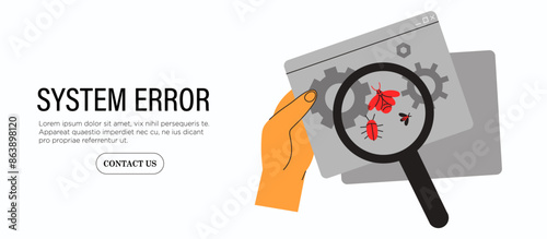 Hands hold magnifying glass fixing website error, deleting malware, searching virus, bug or system malfunction. System administrator fix program code. Programmer check corporate system protection.