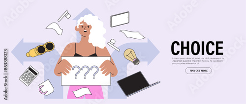 Confused woman student at crossroad sign hold question mark think which way to go vector illustration. Decision making, career or educational path, work direction. Choose right way to success concept.