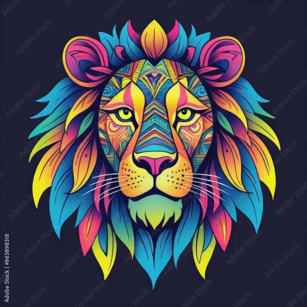 Obraz premium Illustration of colorful lion head on black background, showcasing vibrant hues and intricate details.