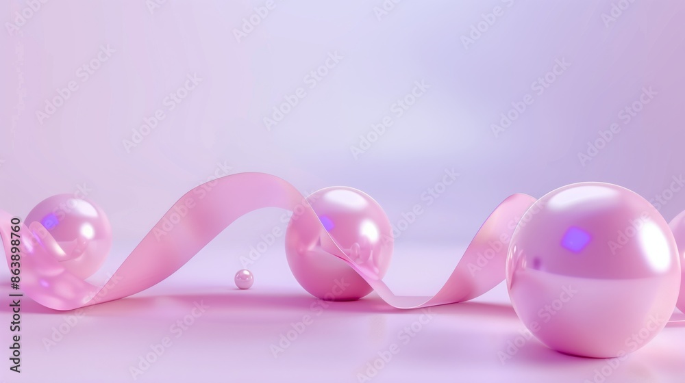 Pink ribbon, pearl image, minimalist 3D rendering with pastel elements and gradient background - meets clean and modern design needs Pink ribbon, pearl image, minimalist 3D rendering with pastel elements and gradient background - meets clean and modern design needs