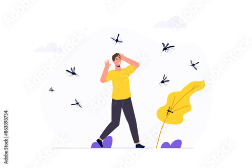 Swarm of mosquitoes attacking, fearing bites and the risk of contracting malaria concept. Vector illustration.