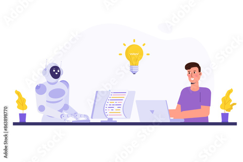 Working together with ai, teamwork  with artificial intelligence concept. Vector illustration.