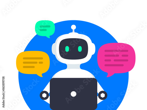 Chatbot concept. Online communication with chat bot. Bot answers customer questions  behind a laptop. AI robot customer support assistant. Vector illustration