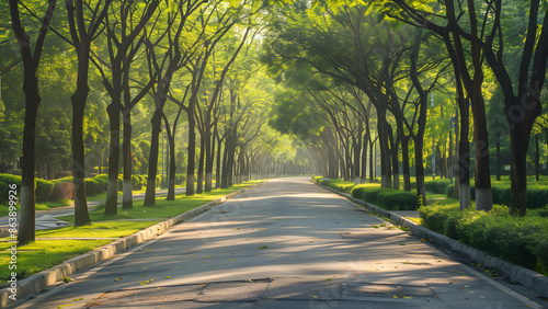 Empty treelined natural park street in morning light