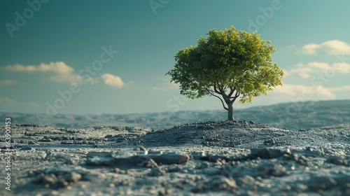 Lone Tree in Vast Rocky Desert Under Clear Blue Sky with Soft Clouds